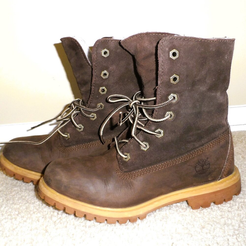 Timberland Teddy Fleece Roll-Top Waterproof Boots Women  Brown Suede Leather